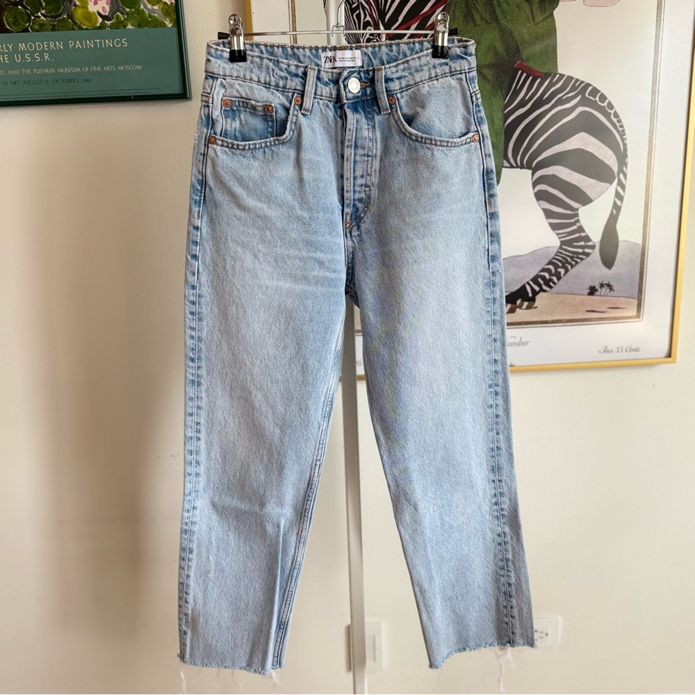 Zara High Rise Straight Leg Jeans in Light Wash Denim